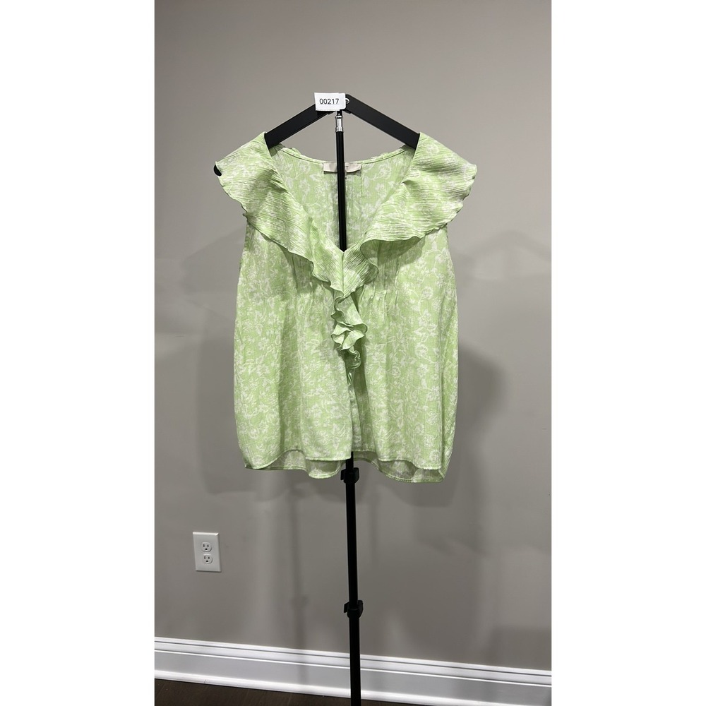 LOFT Lime Green Floral Ruffle V-Neck Blouse XL Sleeveless Crinkle Top